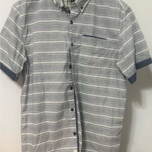 Vintage Light Gray and White Striped Short-Sleeve Button-Down Shirt